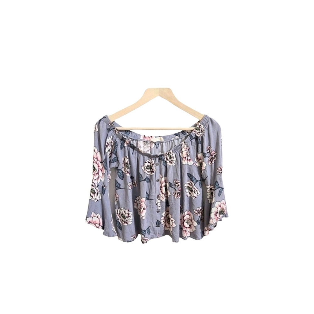 Vestique Gray & Pink Floral Off The Shoulder Ruffle Peasant Crop Top Size S